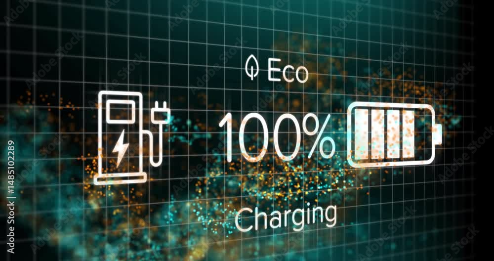 Poster electric vehicle charging display being animated on dark grid with eco leaf icon and 100% indicator