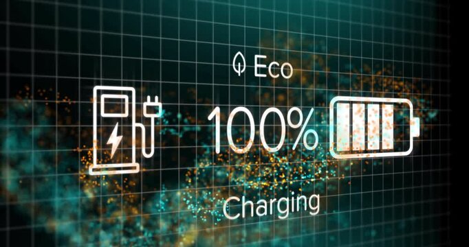 Electric vehicle charging display being animated on dark grid with Eco leaf icon and 100% indicator