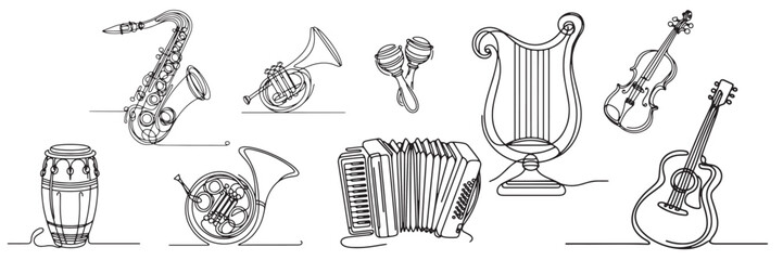 musical instrument  collection set  collection  trumpet saxophone guitar violin one line drawing vector illustration