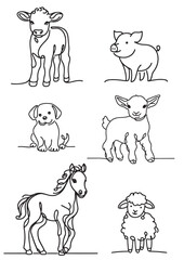 farm animals collection  one line drawing vector illustration