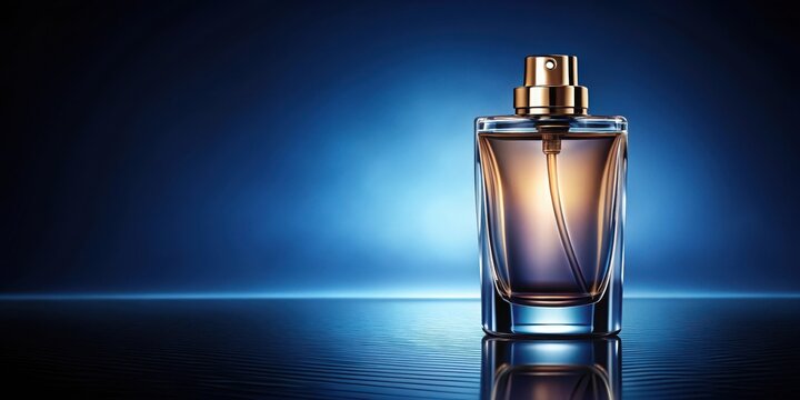 A bottle of luxury perfume on a deep blue background with subtle gradient effect, long thin neck