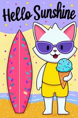 Cute cartoon cat character wearing sunglasses, holding ice cream cone, standing beside colorful surfboard on sandy beach with vibrant background and cheerful atmosphere