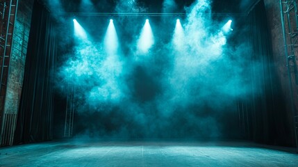 Stage with blue spotlights and smoke for concert photography scene setup composition theatrical moody performance light dramatic show