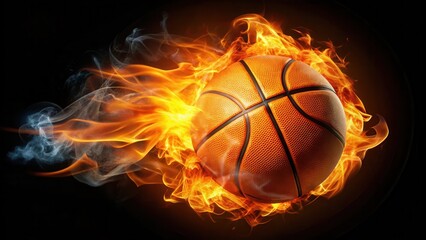 Obraz premium A basketball on fire with flames engulfing it against a black background, creating a dramatic and intense atmosphere