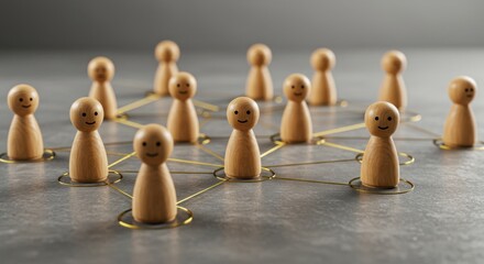 Wooden figures representing social network connection and community, connected by golden lines