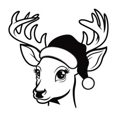 Deer head santa hat line art  vector Illustration