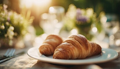 Two croissants on a plate, outdoor setting