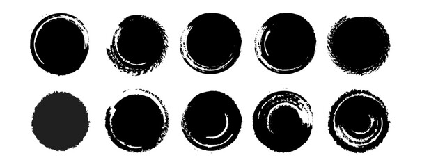 Grunge black brush circle collection. Vector hand drawn ink dots with rough edges and bold texture. Abstract round stamps in Chinese and Japanese style, perfect for collage, design accents