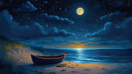 Scenic night beach landscape with boat and glowing moon over serene ocean waters