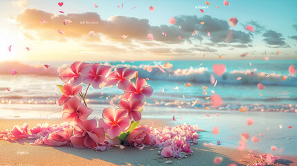 Romantic heart made of red flowers on sandy beach background ideal for love or Valentine