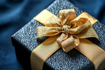 Luxury gift box with gold ribbon on blue background for festive celebration or special occasion