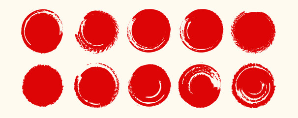 Red brush circle stamp, flag of Japan. Hand drawn round frame with grunge crayon texture and scribble effect. Rough paint stroke for bold, artistic design elements. Vector illustration