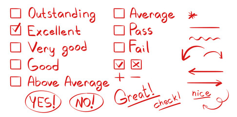 Exam grades for tests, evaluations, and classroom visuals. School grade chart with red marker letters and percentage ranges. Handwritten A to F scores with meanings: Excellent to Fail. Vector set
