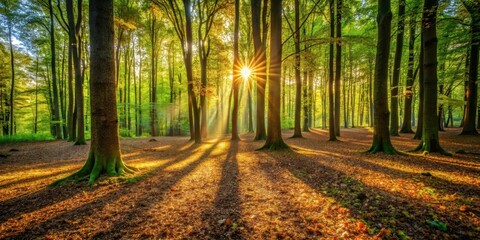 Warm sunlight filters through leafy branches, casting dappled shadows on forest floor , ambiance, foliage