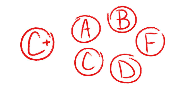Red exam grade symbols in hand drawn style. A to F letters circled with sketchy marker lines. Doodle vector set for teacher tests, school reports, and student assessments
