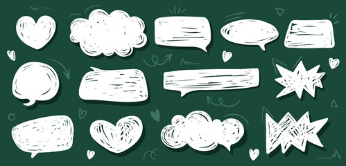 Cute crayon speech bubble set in doodle style. Hand drawn chalk balloons for dialog, talk, and chat. Funky sketch frames, colorful pencil clouds, and geometric shapes. Vector illustration