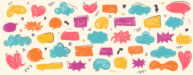 Crayon speech balloon set in hand-drawn doodle style. Chalk brush talk bubbles for chat, notes, and fun design. Sketchy cartoon shapes for playful speech and message highlights. Vector big collection