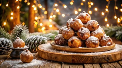 Crunchy Dutch oliebollen piled high on a wooden platter in the center of a cozy winter wonderland scene with snow-covered trees and twinkling lights, festive food, dutch treat