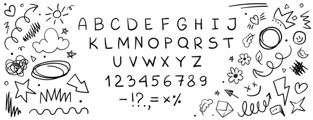 Hand-drawn chalk or crayon alphabet with numbers and symbols. Grunge-style letters with playful doodles stars, hearts, spirals, and clouds. Fun sketchy typeface for kids designs and school projects © Foxelle