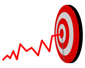 Line graph that ends right in the middle of the target or bullseye. A simple illustration that shows focus on the target or goal, very suitable for business or education themed elements.