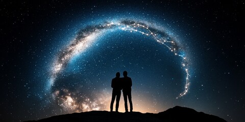 Silhouetted couple under starry night sky and galactic arc
