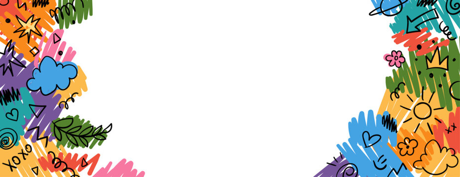 Colorful kindergarten crayon background with doodles drawn by colorful crayons. Childlike border frame with childish elements, drawings on paper. Vector illustration for certificate, diploma, poster