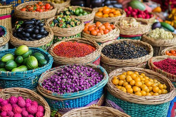 Fototapeta premium Colorful assortment of exotic fruits and vegetables in woven baskets at vibrant outdoor market