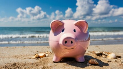 Pink piggy bank rests peacefully on a sandy beach, ocean waves gently lap the shore behind it.