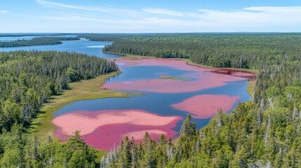 Aerial View Stunning Pink Cranberry Bog Landscape Lush Green Forest Serenity Nature Red Eye Lake