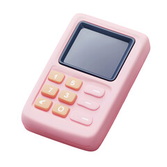 Miniature, rose-colored, portable payment terminal with a touch screen and number keypad, isolated on a softly colored background.