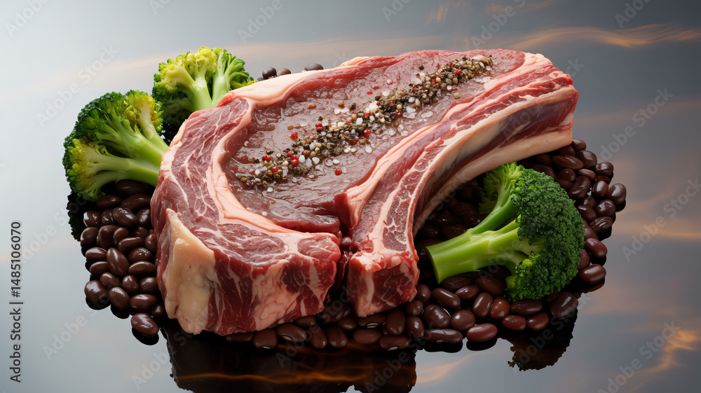 Poster raw beef bone-in steak with beans and broccoli on transparent background