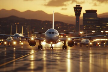 Passenger airplanes on runway at dusk with airport control tower backdrop