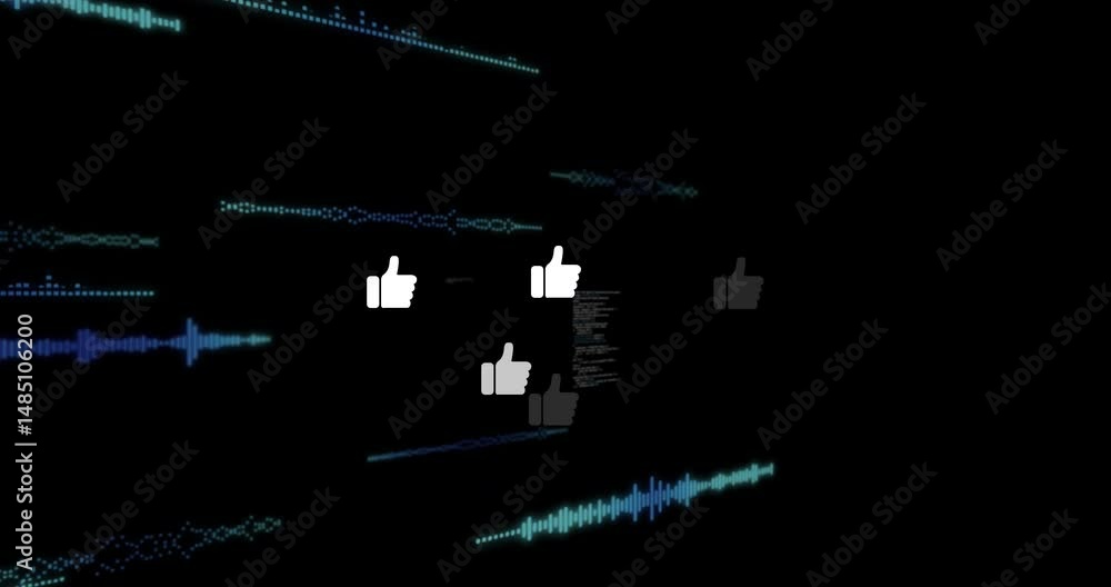 Poster five thumbs-up icons floating above pulsing audio waveforms on dark digital interface flat design