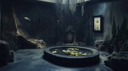 Indoor botanical garden pond with mystical light and foliage for nature sanctuary spa meditation zen place