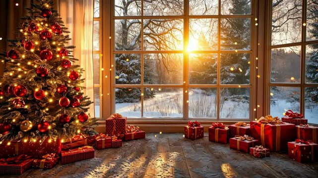 Cozy christmas morning with decorated tree and presents by the window at sunrise. Merry Christmas. Happy New Year