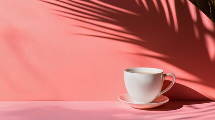 Shadow of palm on pink wall with coffee cup for tropical lifestyle morning minimal relaxing beverage mood