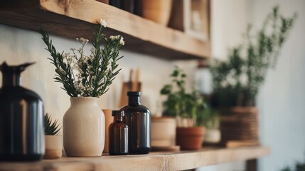 Rustic kitchen shelf with herbs and spices for cooking organic lifestyle home decor culinary ingredients display