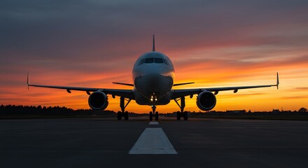 Airplane Flying at Sunset with Orange Sky