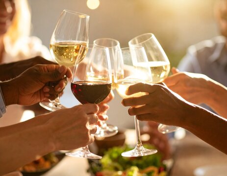 A Cheers moment with diverse people clinking glasses under warm lighting