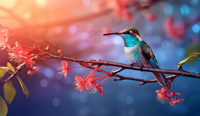 Colorful hummingbird resting on tree branch in peaceful woodland with soft sunlight