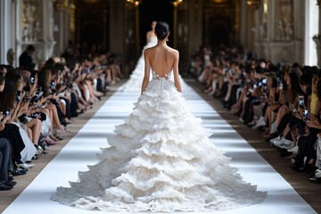 Elegant bridal fashion show with asian female model in ornate gown on runway