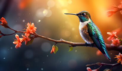 Hummingbird resting on branch with vibrant green foliage in background in serene setting