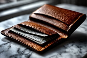 Stylish unbranded leather wallet on a sleek marble surface. Perfect for minimalist fashion, showcasing premium leather texture and elegant design. Ideal for stock photos and luxury product displays.