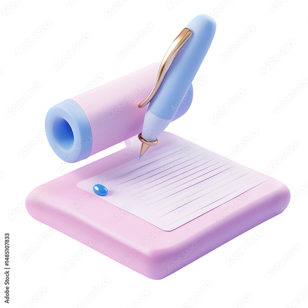 Poster 3d rendering of a light pink pad with a light blue pen on it. the image shows a digital design with 