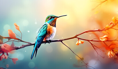 Hummingbird in natural environment perched on tree branch with vibrant background