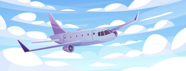 Airplane in sky. Plane fly concept. Aeroplane trip travel. Cartoon 3D tourism. Airport of delivery. Transportation by air. Airline tour. Airliner fuselage. Aircraft jet. Vector flight garish transport
