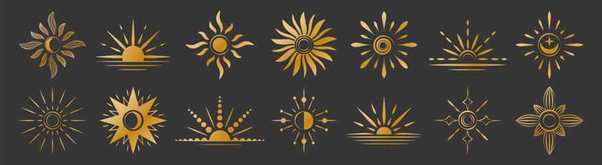 Gold sun. Moon background line. Radial magic, half star logo, shine icon. Abstract minimalist design, golden element. Linear sunburst. Sunny weather decorative signs. Vector garish symbol isolated set