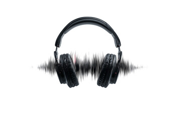A set of abstract black headphone icons merged with digital sound waves in futuristic minimalist style, isolated on a transparent background