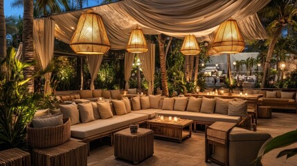 Fototapeta premium Relaxing outdoor lounge area at night with tropical plants and rattan lighting