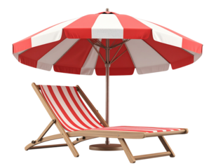  3D realistic beach umbrella and chair, in red and white colors, with a transparent background, PNG.